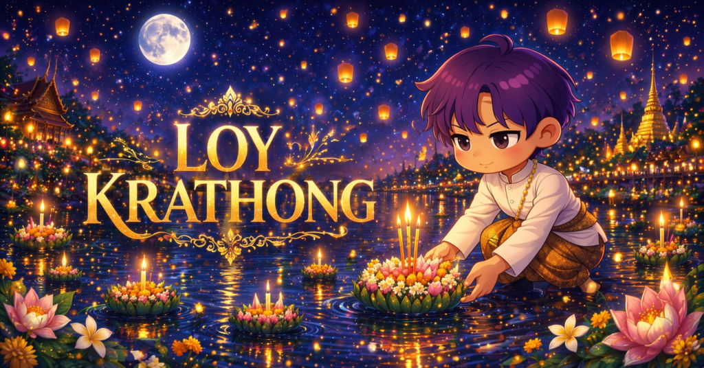 Loy Krathong lantern festival night scene